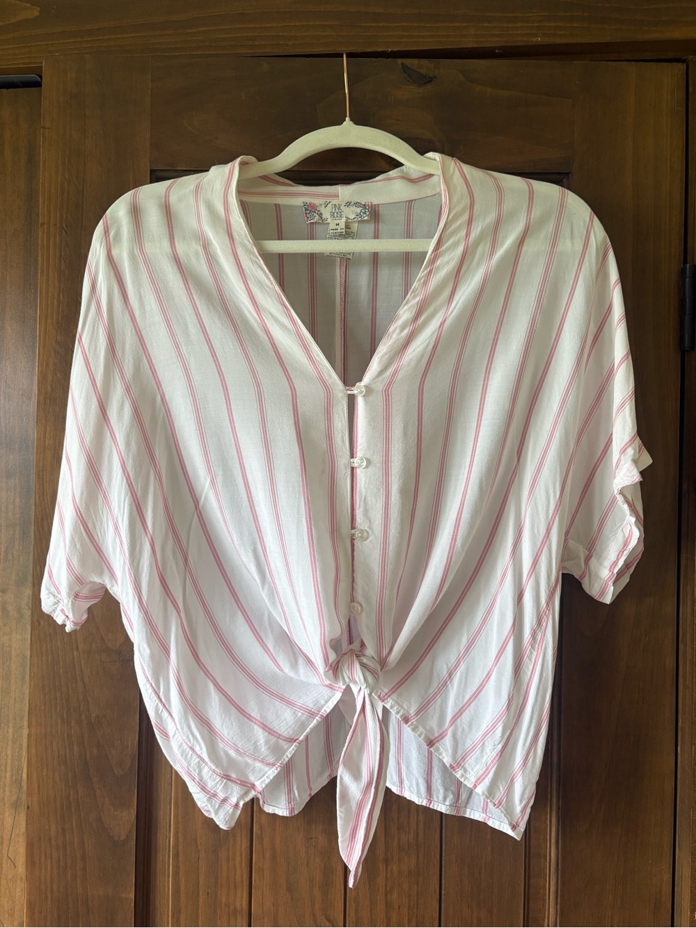 Pink Rose White and Pink Striped Tie-Front Button Shirt